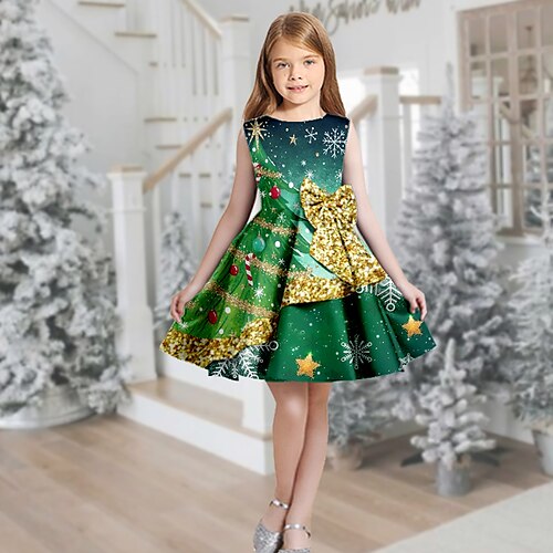 

Kids Girls' Christmas Dress Snowflake Swing Dress Knee-length Dress Christmas Gifts Ruffle Crew Neck Sleeveless Elegant Dress 2-13 Years Winter Green