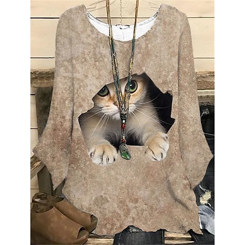 

Women's Plus Size Tops Blouse Shirt Active Streetwear Animal Cat Print Long Sleeve Crew Neck Vintage Casual Daily Going out Polyester Winter Fall khaki