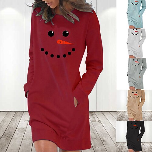 

Women's Christmas Hoodie Dress Winter Dress Short Mini Dress Light Blue Grey White Long Sleeve Snowman Pocket Print Fall Winter Crew Neck Stylish Casual 2022 S M L XL 2XL / Cotton