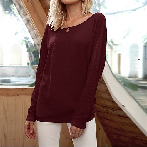 

Women's T shirt Tee Cold Shoulder Ribbed Solid / Plain Color Classic Sweet Round Neck Batwing Sleeve Regular Spring & Fall Wine Red Green Black Pink Light Green