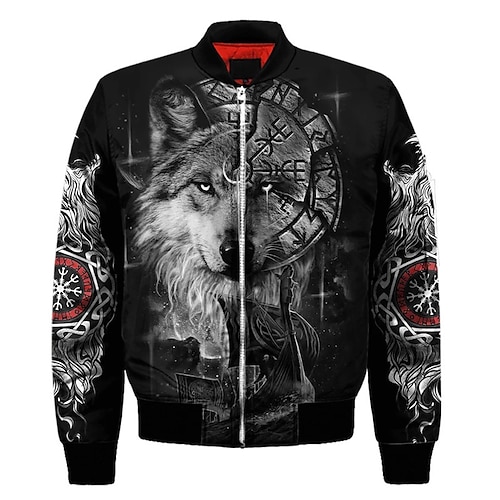 

Men's Coat Warm Sports & Outdoor Zipper Wolf Graphic Prints Soldier 3D Printed Graphic Standing Collar Fashion Jacket Outerwear Long Sleeve Zipper Fall & Winter