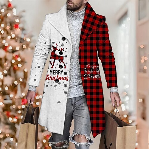 

Men's Coat Warm Christmas Single Breasted Plaid Elk 3D Printed Graphic Turndown Fashion Jacket Outerwear Long Sleeve Pocket Fall & Winter