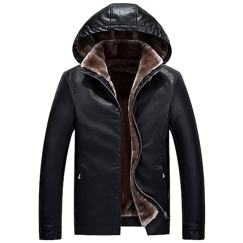 

Men's Fleece Jacket Faux Leather Jacket Fleece Lining Warm Daily Wear Going out Office & Career Zipper Hooded Stylish Warm Ups Comfort Jacket Outerwear Solid / Plain Color Pocket Front Zip Black Dark