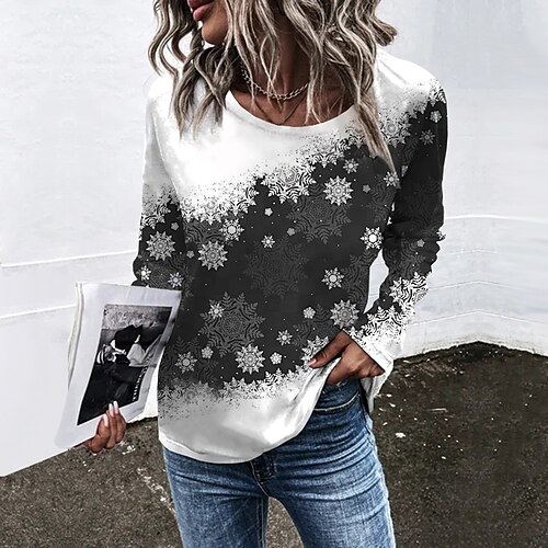 

Women's T shirt Tee Green Black Blue Snowflake Print Long Sleeve Christmas Weekend Basic Round Neck Regular Painting S