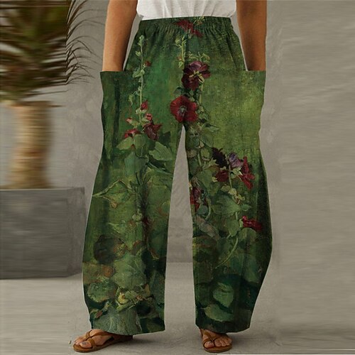 

Women's Plus Size Wide Leg Pants Trousers Pocket Print Flower Casual Comfort Outdoor Daily High Full Length Winter Fall Green XL XXL 3XL 4XL 5XL