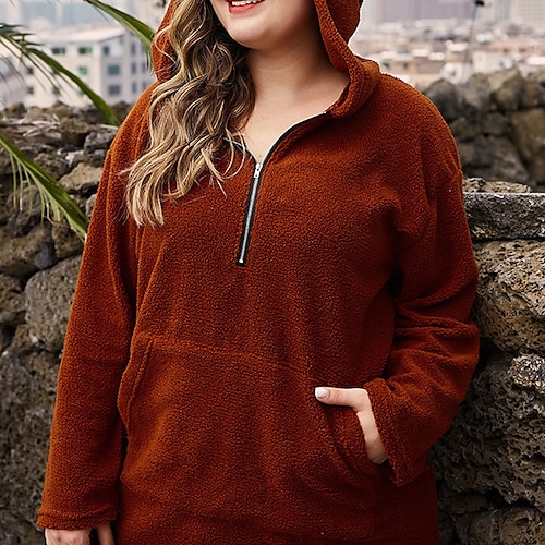 

Women's Plus Size Tops Hoodie Sweatshirt Plain Zipper Pocket Long Sleeve Hooded Casual Sherpa Fleece Daily Going out Cotton Winter Fall Wine