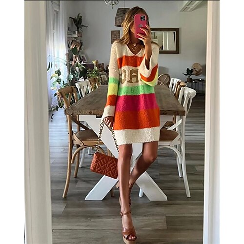 

Women's Sweater Dress Casual Dress Mini Dress Yellow Long Sleeve Color Block Knit Winter Fall Spring V Neck Fashion Daily Fall Dress 2022 S M L
