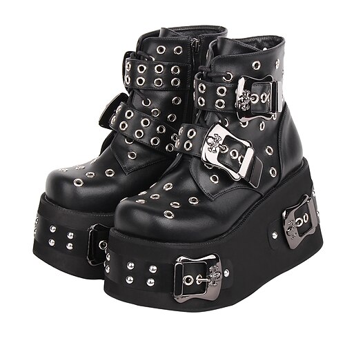

kvinners punk goth ankelstøvletter håndlagde spenne creepers sko plattform chunky hæl rund-tå kiler kampstøvler 10 cm