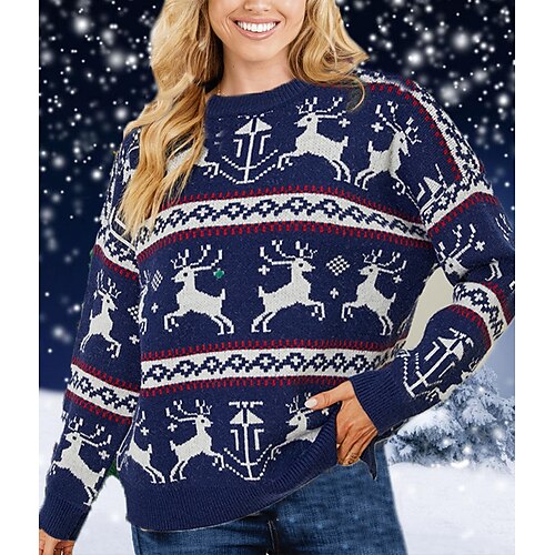 

Women's Ugly Christmas Sweater Pullover Sweater Jumper Ribbed Knit Knitted Elk Crew Neck Stylish Casual Christmas Daily Winter Fall Red Navy Blue S M L