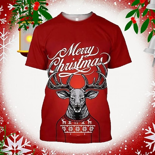 

Men's T shirt Tee Deer Graphic Prints Crew Neck Red 3D Print Outdoor Christmas Short Sleeve Print Clothing Apparel Sports Designer Casual / Summer