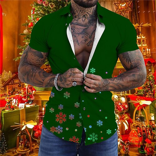 

Men's Shirt Graphic Prints Snowflake Turndown Green Purple 3D Print Christmas Street Short Sleeves Button-Down Print Clothing Apparel Fashion Designer Lightweight Casual