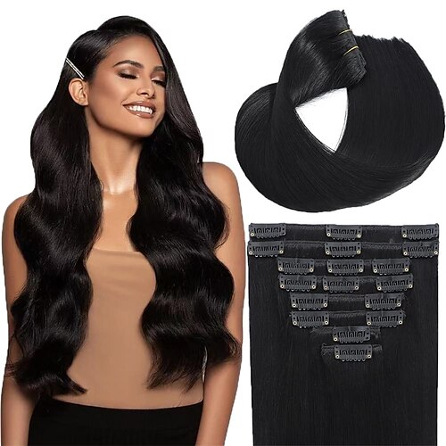 

Clip in Hair Extensions Real Human Hair Straight 20 Inch Clip in Hair Extensions Human Hair 8Pcs Jet Black Brazilian Hair Extensions Real Remy Human Hair Clip on for Women