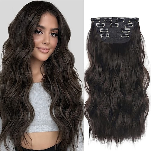 

4PCS Curly Clip in Hair Extensions 20 inches Dark Brown Long Curly Hair Extensions Synthetic Fiber Thick Double Weft Wavy Hair Hairpieces for Women Full Head