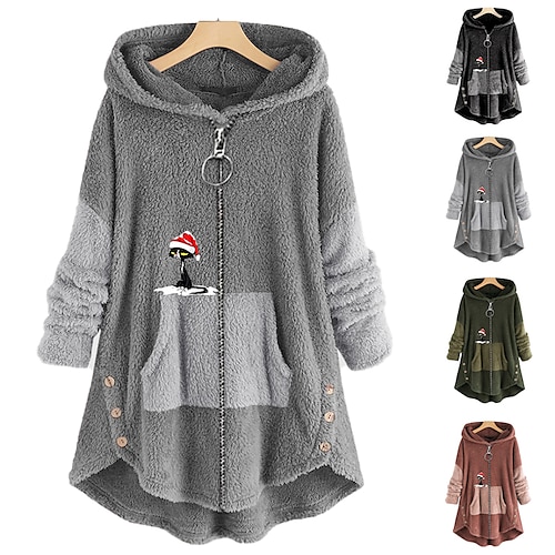 

Women's Plus Size Christmas Fleece Jacket Teddy Coat Warm Button Pocket Animal Cat Causal Long Sleeve Hooded Regular Winter Fall Green Pink Dark Gray L XL XXL 3XL 4XL