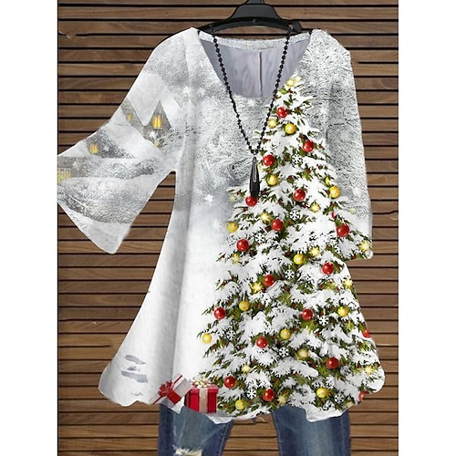 

Women's Plus Size Christmas Tops Blouse Graphic Christmas Tree Print 3/4 Length Sleeve Streetwear Holiday Party Polyester Winter Fall Blue White