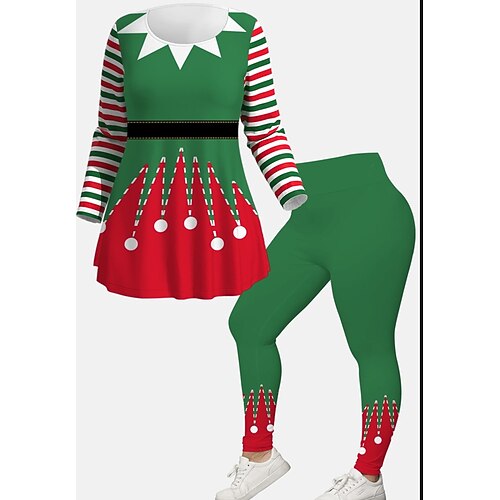 

Women's Plus Size Ugly Tops Christmas Set Graphic Print Long Sleeve Crew Neck Modern Festival Vacation Polyester Winter Fall Green Wine