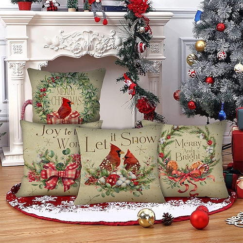 

Christmas Wreath Double Side Throw Pillow Cover 4PC Soft Decorative Square Pillowcase for Bedroom Livingroom Sofa Couch Chair Superior Quality Machine Washable