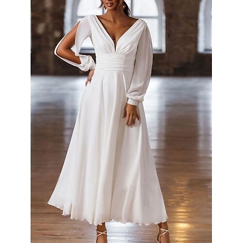

Women's Swing Dress Long Dress Maxi Dress White Long Sleeve Pure Color Cut Out Winter Fall Autumn V Neck Stylish Date Vacation 2022 S M L XL XXL 3XL