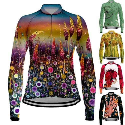 

Women's Cycling Jersey Long Sleeve Bike Jersey Top with 3 Rear Pockets Mountain Bike MTB Road Bike Cycling Breathable Quick Dry Moisture Wicking Reflective Strips Black Green Purple Floral Botanical