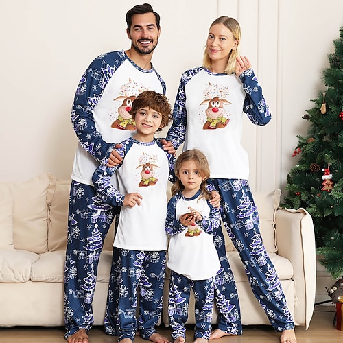 

Christmas Pajamas Family Santa Claus Elk Christmas Tree Home Blue Wine Red Long Sleeve Basic Matching Outfits