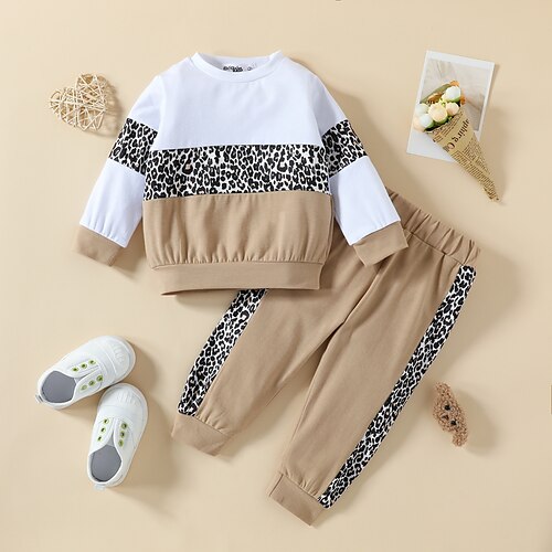 

2 Pieces Toddler Girls' Leopard Sweatshirt & Pants Set Long Sleeve Active School 3-7 Years Winter Pink Yellow Grey