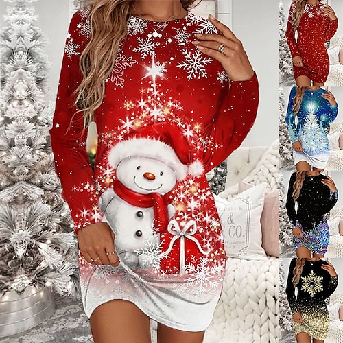 

женское рождественское платье-майка платье-футболка облегающее мини-платье винно-белое с длинным рукавом снеговик с принтом снежинки зима осень отпуск с круглым вырезом повседневное осеннее платье