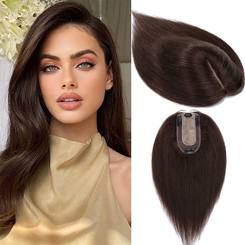 

Hair Toppers for Women Real Human Hair Topper no Bangs 6 Inch #2 Dark Brown Silk Base clip in topper for Women with Thinning Hair 27g Hair Loss Cover 100% Real Human Hair