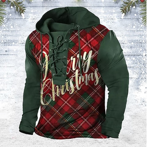 

Men's Pullover Hoodie Sweatshirt Pullover Red Hooded Plaid Checkered Graphic Prints Lace up Print Christmas Casual Daily 3D Print Basic Streetwear Designer Spring Fall Clothing Apparel Hoodies