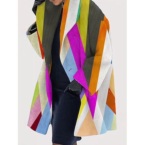 

Women's Coat Daily Winter Fall Long Coat Loose Fit Windproof Warm Basic Jacket Long Sleeve 3D Print Geometric Pattern Print Rainbow