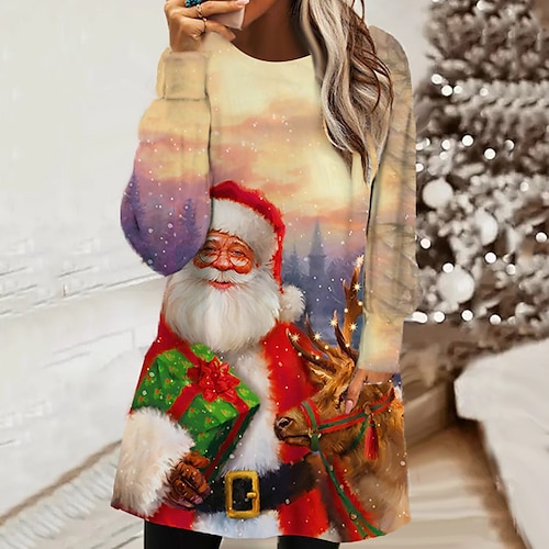 

Women's Sweatshirt Dress Shift Dress Mini Dress Green Yellow Red Long Sleeve Santa Claus Pocket Winter Fall Autumn Crew Neck Christmas Daily Loose Fit 2022 S M L XL XXL 3XL