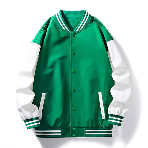 

Men's Varsity Jacket Warm Daily Wear Vacation Going out Single Breasted Standing Collar Comfort Leisure Jacket Outerwear Color Block Button Pocket Black Blue Green