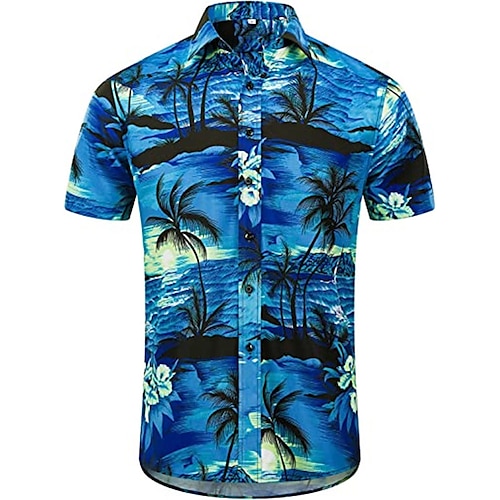 

Men's Shirt Coconut Tree Graphic Prints Turndown Blue Yellow Royal Blue Navy Blue 3D Print Outdoor Street Short Sleeves Button-Down Print Clothing Apparel Tropical Designer Casual Hawaiian