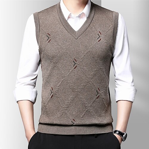 

Men's Sweater Vest Pullover Sweater Jumper Ribbed Knit Knitted Solid Color V Neck Modern Contemporary Work Daily Wear Clothing Apparel Sleeveless Spring & Fall Camel Dark Grey M L XL