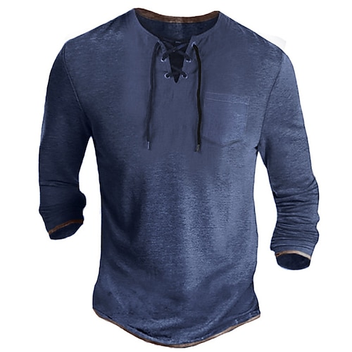 

Men's T shirt Tee Solid Color V Neck Black Dark Gray Navy Blue Street Sports Long Sleeve Lace up Clothing Apparel Basic Designer Casual Comfortable / Weekend