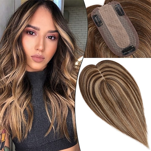 

Silk Base Topper Hair Piece Human Hair Toppers for Women 130% Density Balayage Clip in Top Hair Middle Part Top Hair for Thinning Hair 33g 10#4/27 Medium Brown/Dark Blonde