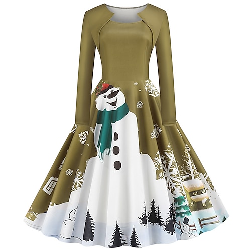 

Women's Christmas Swing Dress Vintage Dress Midi Dress Green Long Sleeve Snowman Print Winter Fall Autumn Square Neck Vacation 2022 S M L XL 2XL