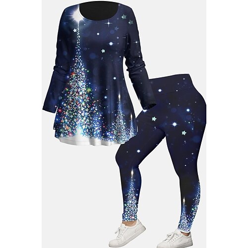 

Women's Plus Size Tops Christmas Set Graphic Print Long Sleeve Crew Neck Modern Festival Vacation Polyester Winter Fall Blue