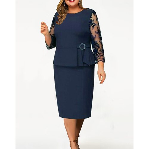 

Women's Plus Size Sheath Dress Floral Crew Neck Long Sleeve Winter Fall Stylish Elegant Midi Dress Work Date Dress