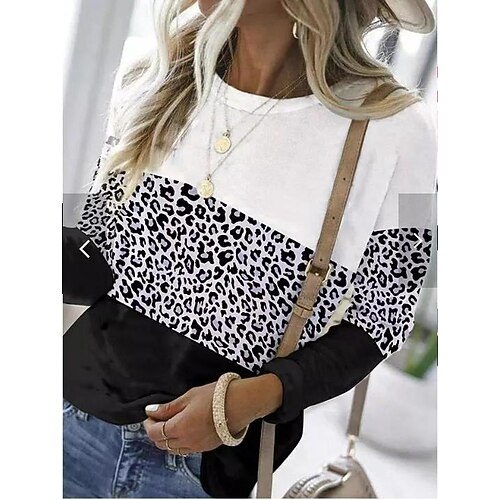 

Women's T shirt Tee White Leopard Print Long Sleeve Daily Weekend Basic Round Neck Regular Painting S