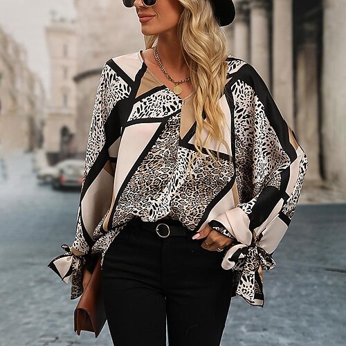

Women's Blouse Shirt khaki Leopard Print Long Sleeve Casual Basic V Neck Regular S