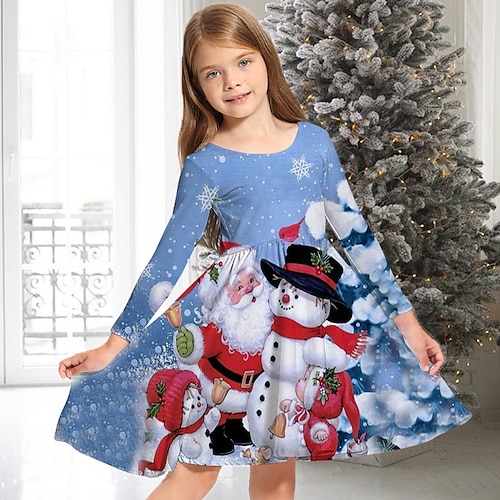 

Kids Girls' Christmas Dress Santa Claus Casual Dress Above Knee Dress Christmas Gifts Crewneck Long Sleeve Adorable Dress 2-13 Years Winter Blue