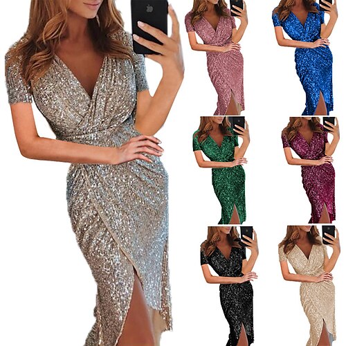 

Women's Party Dress Sequin Dress Sheath Dress Midi Dress Silver Green Black Long Sleeve Pure Color Sequins Winter Fall Spring V Neck Elegant Party Winter Dress Fall Dress 2022 S M L XL XXL 3XL