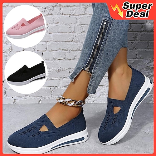 

Women's Sneakers Outdoor Daily Plus Size Flyknit Shoes Summer Flat Heel Round Toe Sporty Casual Walking Shoes Tissage Volant Loafer Color Block Solid Colored Black Rosy Pink Blue