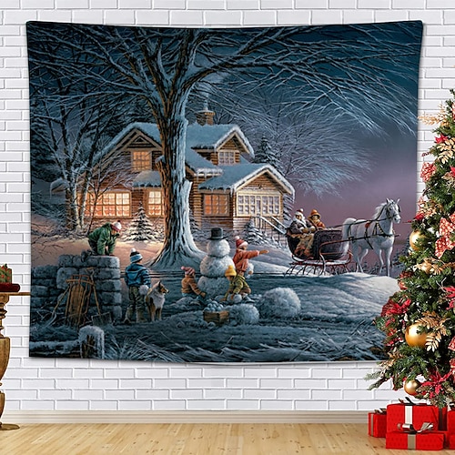 

Christmas Santa Claus Holiday Party Wall Tapestry Photography Background Art Decor Blanket Hanging Home Bedroom Living Room Decoration Tree Snowman Elk Snowflake Candle Gift Fireplace