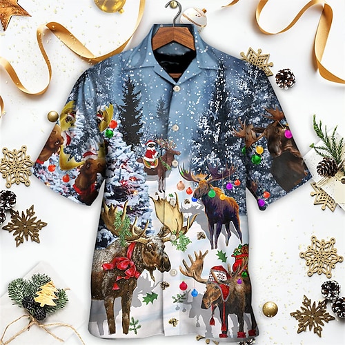 

Men's Shirt Animal Elk Graphic Prints Turndown Blue 3D Print Christmas Street Short Sleeve Button-Down Print Clothing Apparel Fashion Designer Casual Breathable