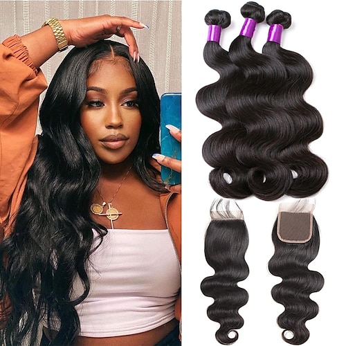 

Body Wave Bundles Human Hair (18 20 2216) Bundles with Closure Human Hair 3 Bundles with Lace Closure 4x4 Free Part Brazilian Virgin Lace Frontal Black Hair Bundles 100% Unprocessed Hair Natural Colo