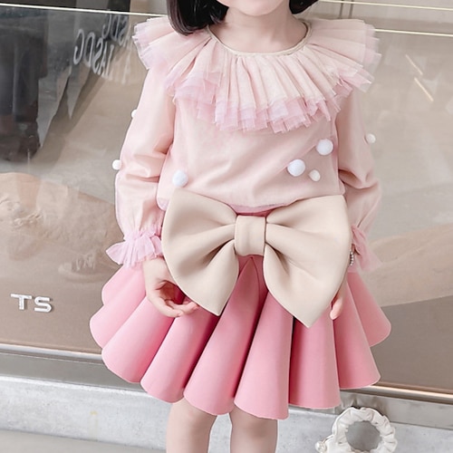 

2 Pieces Kids Girls' Solid Color Ruched Dress Suits Set Long Sleeve Cute Party 3-7 Years Winter Pink