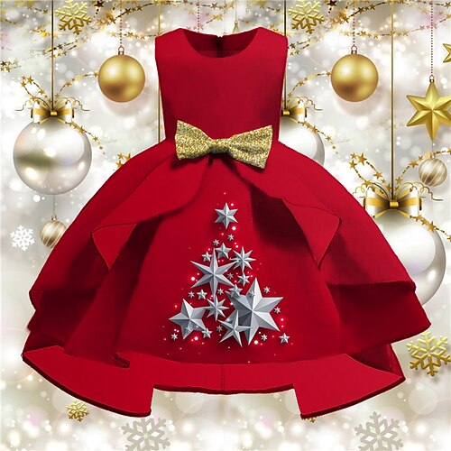 

Kids Girls' Christmas Dress Christmas Tree Swing Dress Knee-length Dress Christmas Gifts Ruffle Crew Neck Sleeveless Elegant Dress 3-10 Years Winter Red