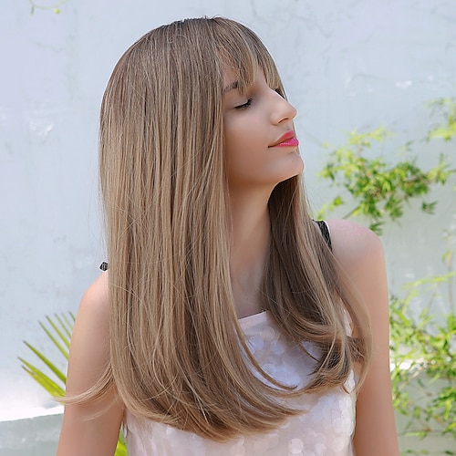 

20 Inch Synthetic Wig Womens Wig Brown Long Straight Hair with Bangs Fashion Elegant Daily Christmas Party Cosplay