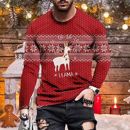 

Men's Unisex T shirt Tee Deer Graphic Prints Crew Neck Red 3D Print Outdoor Christmas Long Sleeve Print Clothing Apparel Basic Sports Designer Casual